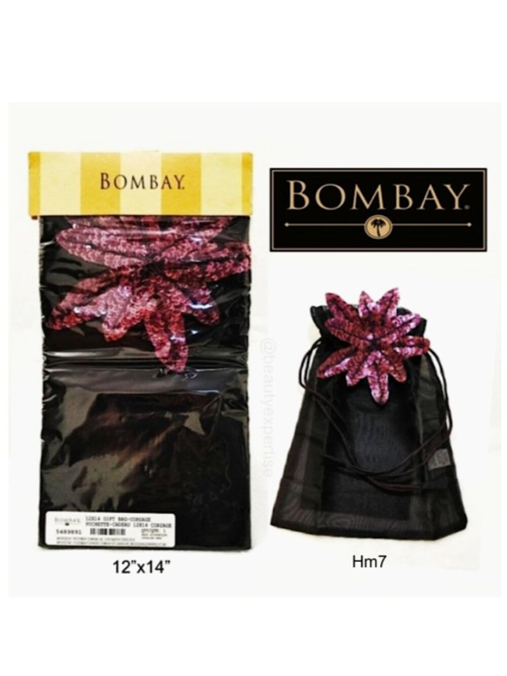 BOMBAY CO Vintage Large Handmade Organza Sequin Purple Gift Pouch Drawstring Bag